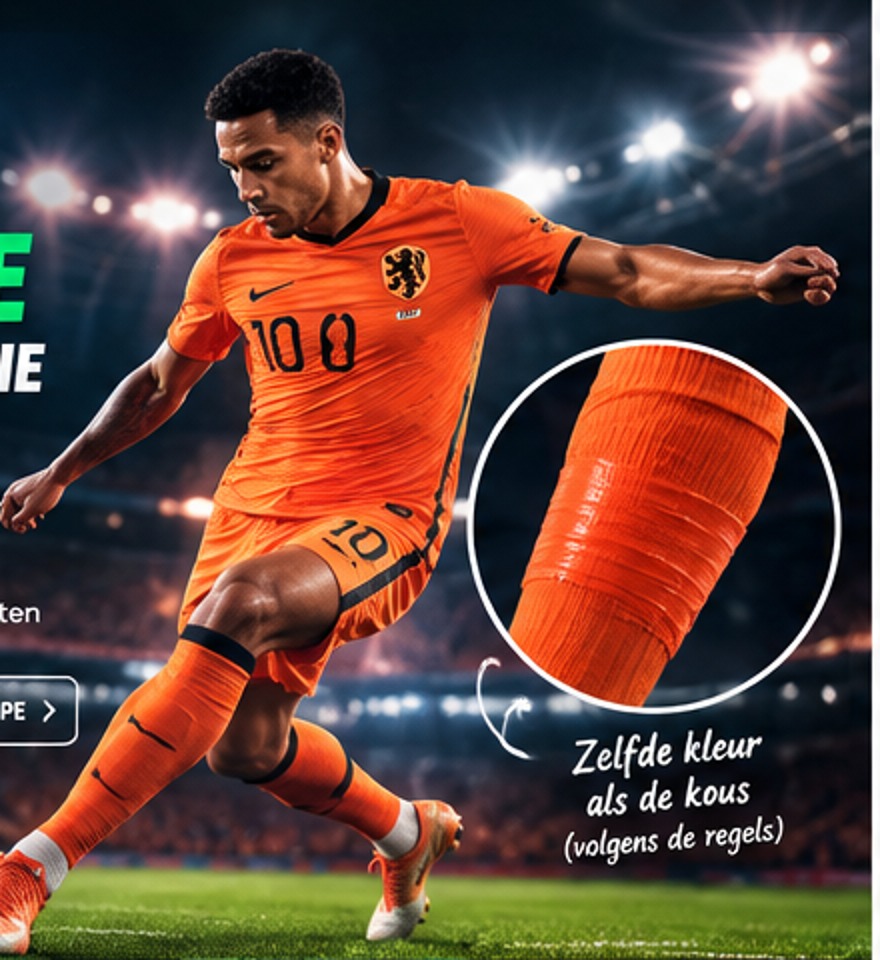 Voetballer in oranje wedstrijdtenue met oranje sokkentape op een oranje sportkous, conform de kleurregel